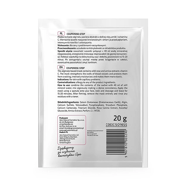 COUPEROSE STOP Maska za lice od algi za kožu sklonu kuperozi sa divljom ružom i vitaminom C 20g |APIS COSMETICS| Kozmo COUPEROSE STOP Maska za lice od algi za kožu sklonu kuperozi sa divljom ružom i vitaminom C 20g |APIS COSMETICS| Kozmo