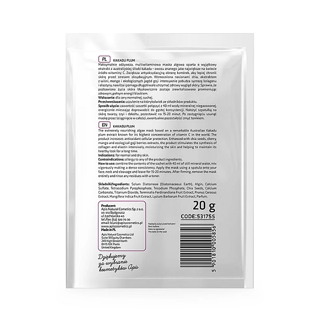 KAKADU PLUM Maska za lice od algi sa ekstraktom Kakadu šljive i čija semenkama 20g |APIS COSMETICS| Kozmo KAKADU PLUM Maska za lice od algi sa ekstraktom Kakadu šljive i čija semenkama 20g |APIS COSMETICS| Kozmo