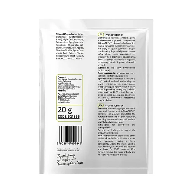 HYDRO EVOLUTION Hidratantna maska za lice od algi sa kruškom i rabarbarom AKUAKSTEM™ 20g |APIS COSMETICS| Kozmo