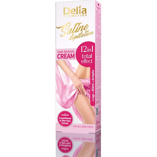 SATINE DEPILATION Krema za depilaciju sa aloja verom i pantenolom 12u1 za sve tipove kože 130 ml | DELIA Cosmetics | Kozmo SATINE DEPILATION Krema za depilaciju sa aloja verom i pantenolom 12u1 za sve tipove kože 130 ml | DELIA Cosmetics | Kozmo