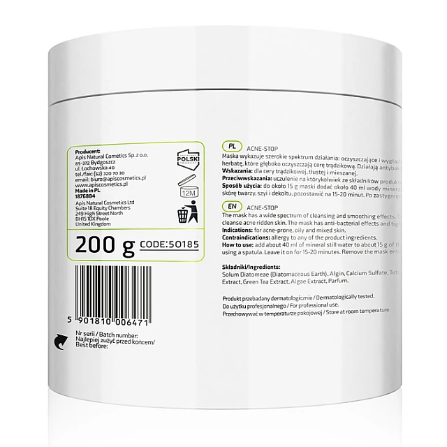 ACNE - STOP - Maska od algi za kožu sklonu aknama sa bambusom, zelenim čajem i crnim blatom iz Mrtvog mora 200g  | APIS COSMETICS | Kozmo