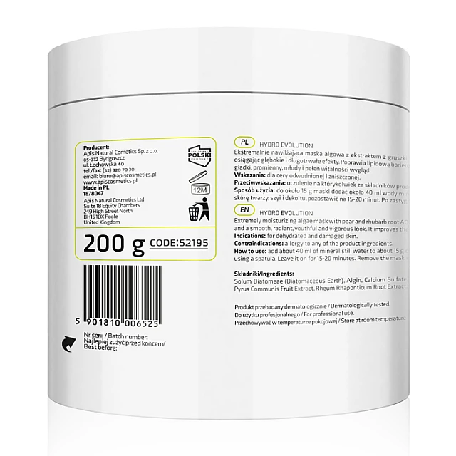 HYDRO EVOLUTION Hidratantna maska za lice od algi sa kruškom i rabarbarom AKUAKSTREM™ 200 g |APIS COSMETICS| Kozmo