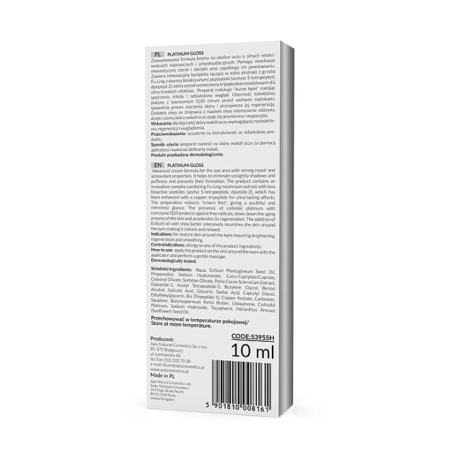 PLATINUM GLOSS Revitalizujuća krema za predeo oko očiju sa platinom i bioaktivnim peptidima 10ml |APIS COSMETICS| Kozmo PLATINUM GLOSS Revitalizujuća krema za predeo oko očiju sa platinom i bioaktivnim peptidima 10ml |APIS COSMETICS| Kozmo
