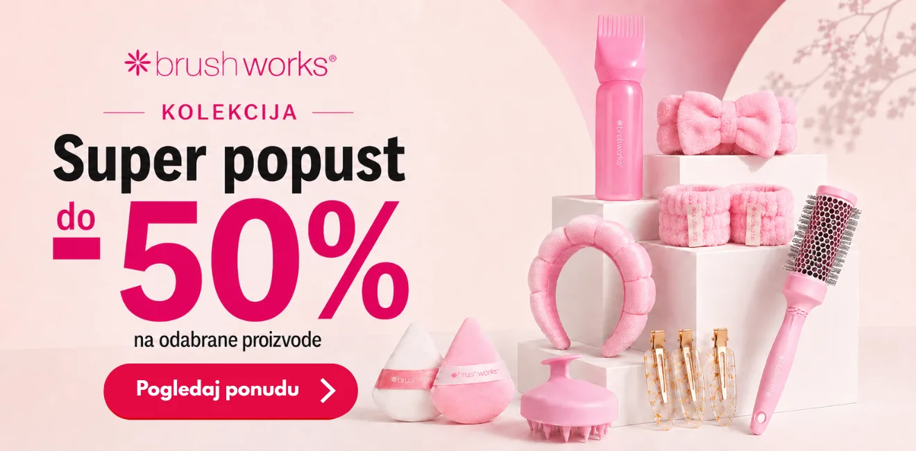 Promotivni baner za Brush Works kolekciju beauty i hair care dodataka u roze boji, uključujući četku za kosu, šnale, masažer za teme, traku za kosu i druge aksesoare. Na svetloružičastoj pozadini istaknut je tekst o super popustu do -50% na odabrane proizvode uz poziv da pogledate ponudu.