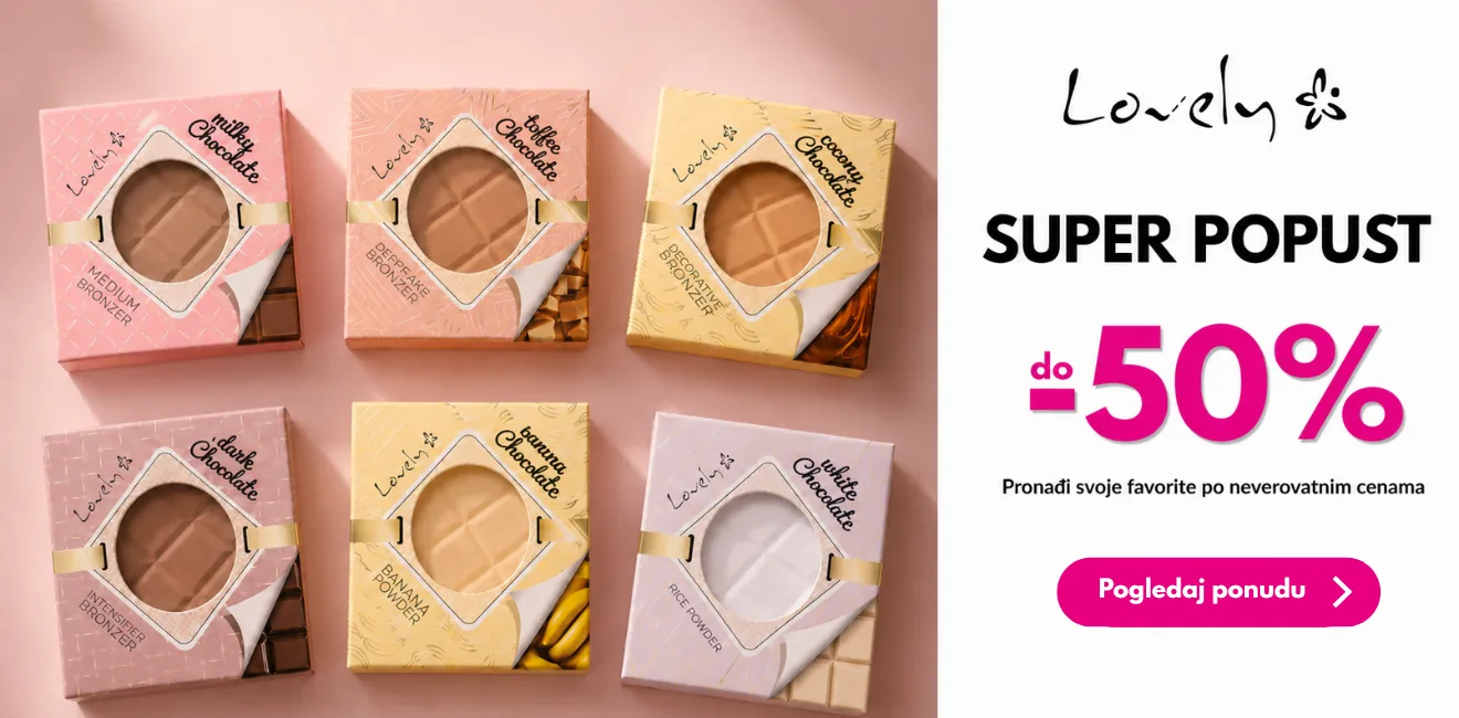 Promotivni baner za Lovely kozmetiku sa šest proizvoda u pakovanju koje podseća na čokoladice (milky, toffee, coconut, dark, banana i white). Postavljeni su na svetloružičastoj pozadini uz tekst o super popustu do -50% i poziv da pronađete svoje omiljene proizvode po neverovatnim cenama.