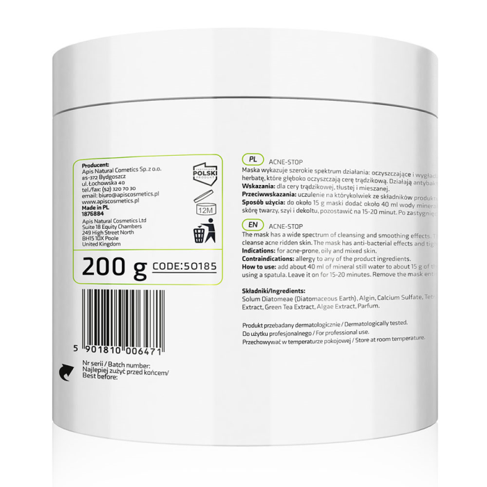 ACNE - STOP - Maska od algi za kožu sklonu aknama sa bambusom, zelenim čajem i crnim blatom iz Mrtvog mora 200g  | APIS COSMETICS | Kozmo