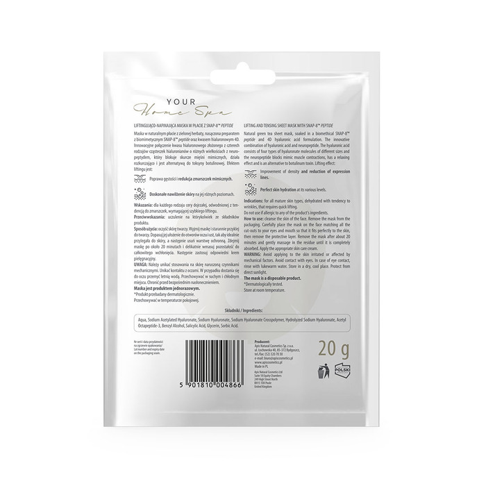 SHEET MASK - Maska za zatezanje i podizanje lica sa SNAP-8 peptidom 20g | APIS COSMETICS | Kozmo