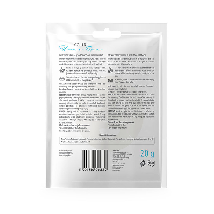 SHEET MASK - Maska za hidrataciju lica sa 4D hijaluronskom kiselinom 20g | APIS COSMETICS | Kozmo