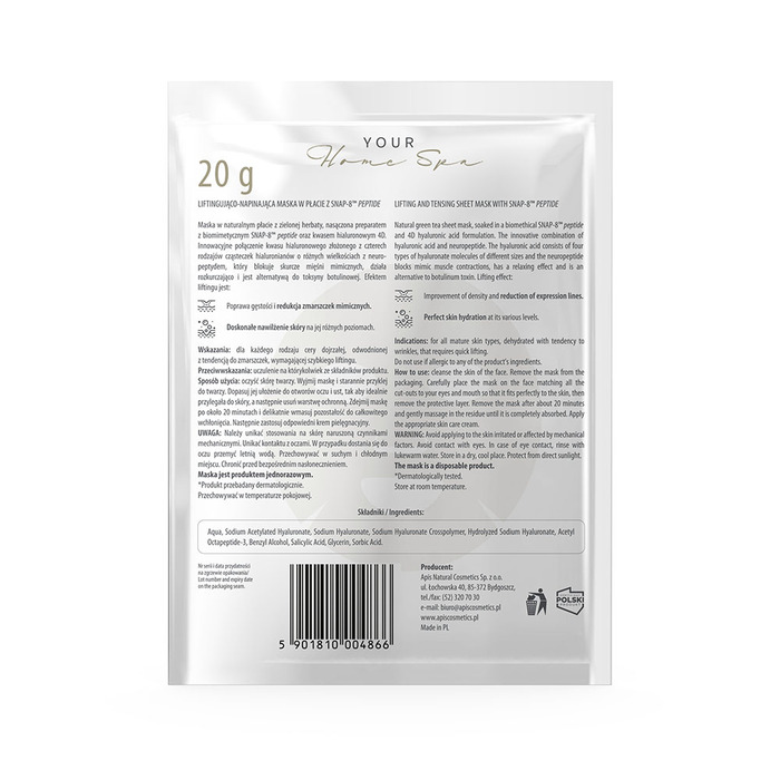 SHEET MASK - Maska za hidrataciju lica sa niacinamidom i hijaluronskom kiselinom 20g | APIS COSMETICS | Kozmo