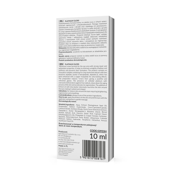 PLATINUM GLOSS Revitalizujuća krema za predeo oko očiju sa platinom i bioaktivnim peptidima 10ml |APIS COSMETICS| Kozmo