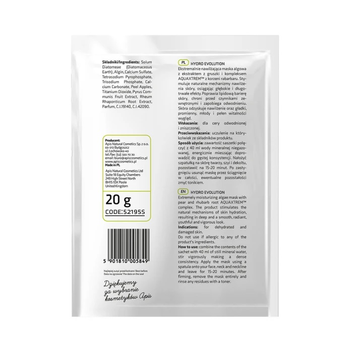 HYDRO EVOLUTION Hidratantna maska za lice od algi sa kruškom i rabarbarom AKUAKSTEM™ 20g |APIS COSMETICS| Kozmo